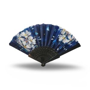 Elegant Blue Folding Hand Fan with White Flowers